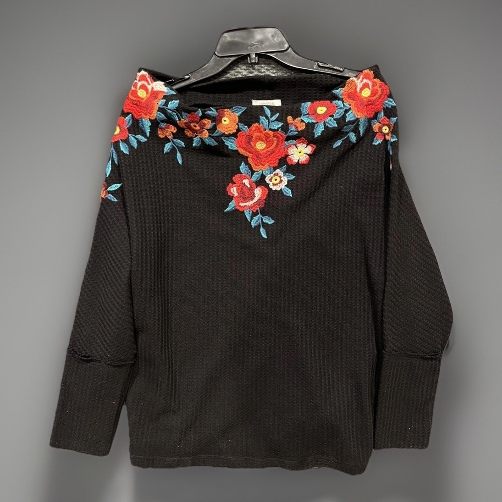 Umgee Sweater Womens Large Black Floral Embroidered Waffle Knit Dolman Sleeve